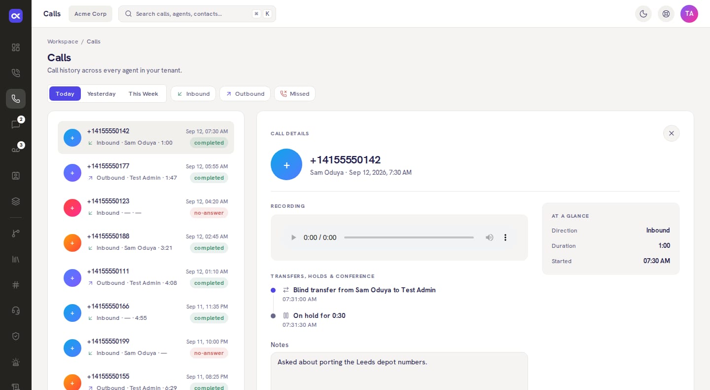 The Inbound CX call history in Day theme, with example data: a list of inbound and outbound calls beside one call's details, its recording player and its transfers and holds.